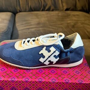 Tory Burch Navy Suede Sneakers with White Trim